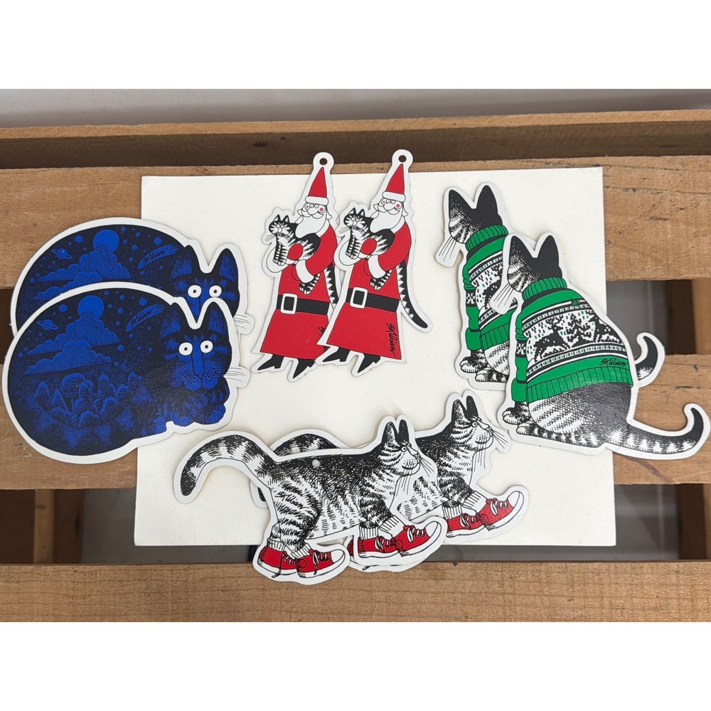 Vintage B Kliban Cat Cardboard Gift Tags Ornaments Lot of 8 Sneakers Santa Blue‎